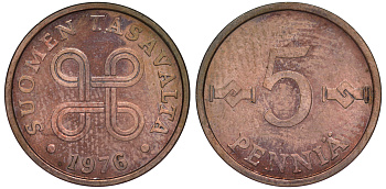 ФИНЛЯНДИЯ 5 ПЕННИ 1976 KM 45 медь UNC 3334-1059