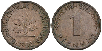 ФРГ 1 ПФЕННИГ 1950 J KM 105, J.380 сталь плакированная медью 75-416