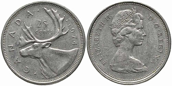 КАНАДА 25 ЦЕНТОВ 1974 ЕЛИЗАВЕТА II, ОЛЕНЬ KM 62b никель 87-1255