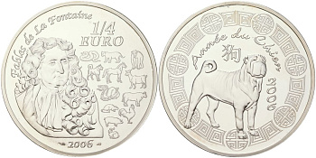 Франция 1/4 евро 2006 китайский гороскоп - год собаки KM 1415 серебро BU 11-057-32
