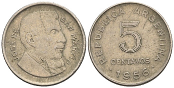 Аргентина 5 сентаво 1956 генерал Хосе де Сан Мартин KM 50, Schon 49a.2 сталь плакированная никелем    4609-1157