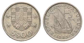Португалия 5 эскудо 1983 парусник KM 591 медно-никель 4707-241