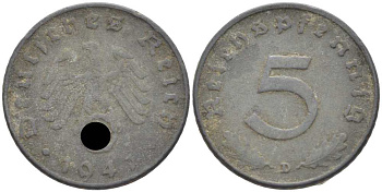 ГЕРМАНИЯ 5 РЕЙХСПФЕННИГОВ 1941 D KM 100, J. 370 цинк 105-228