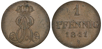 Ганновер 1 пфенниг 1841 S, Эрнст Август (1837-1851) KM 173.3, AKS 128, J. 54 медь 72-1631