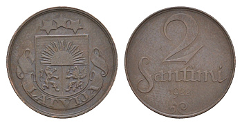 Латвия 2 сантима 1922 KM 2 бронза 4658-1135