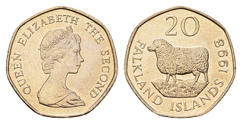 Фолклендские острова (Фолкленды) 20 пенсов 1998 Елизавета II (1952-2022), овца Ромни-марш KM 17 медно-никель  UNC  4675-223