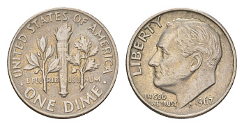 США 10 центов (дайм) 1967 Рузвельт KM 195a медь плакированный медно-никелем 4627-1113