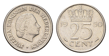 Нидерланды 25 центов 1950 Юлиана (1948-1980) KM 183 никель 4658-752