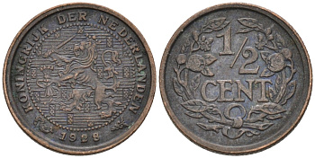 Нидерланды 1/2 цента 1928 Вильгельмина (1890-1948) KM 138 бронза 4576-463