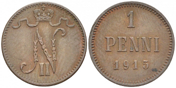 РОССИЯ ДЛЯ ФИНЛЯНДИИ 1 ПЕННИ 1915 НИКОЛАЙ II KM 13, Биткин 475 медь 4396-1447