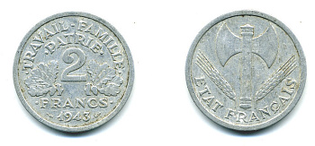 Франция 2 франка 1943 правительство Виши KM 904.1 алюминий 54-1222