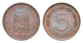 Венесуэла 5 сентимо 1974 Y 49 сталь плакированная медью aUNC 4668-1031