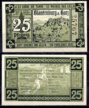 Бланкенбург-ам-Гарц (Брауншвейг) 25 пфеннигов 1920 Mehl Grabowski 114.1-4/5 бумага UNC (пресс) 7556-58-2-2