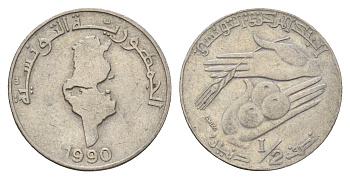 Тунис 1/2 динара 1990 KM 318 медно-никель 4641-1131