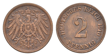 Германия 2 пфеннига 1910 A, Вильгельм II (1888-1918) KM 16, J. 11 медь 4647-852