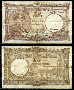 Бельгия 20 франков 1940 23.02.1940, Король Альберт I и его жена Королева Елизавета, Гран-Плас / Гроте Маркт, Брюссель Pick 111 (1) бумага 6301-26-1-2