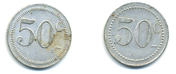 ФРАНЦИЯ 50 САНТИМОВ НАЧАЛО XX ВЕКА d 24 мм, вес около 1,0 гр., платежный жетон алюминий 89-914