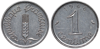 Франция 1 сантим 1966 пятая республика KM 928, Le Franc 106.12 нержавеющая сталь 4124-369