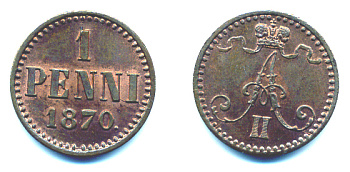 РОССИЯ ДЛЯ ФИНЛЯНДИИ 1 ПЕННИ 1870 Биткин 669 R медь UNC 00-346-45
