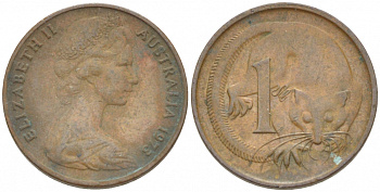 Австралия 1 цент 1973 Елизавета II (1952-2022), молодой портрет, опоссум KM 62 бронза 3851-1113