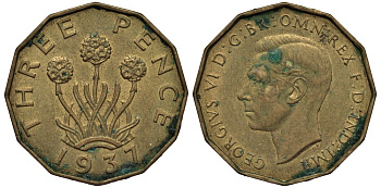 Великобритания 3 пенса 1937 Георг VI (1936-1952) KM 849, Spink 4112 никель латунь 4538-1111
