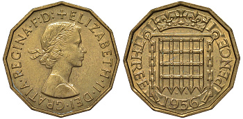 Великобритания 3 пенса 1956 Елизавета II (1952-2022) KM 900, Spink 4153 никель латунь 4122-927