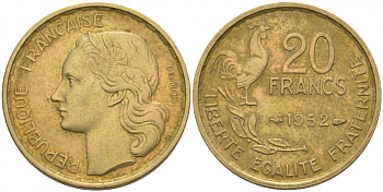 ФРАНЦИЯ 20 ФРАНКОВ 1952 KM 917.1 алюминиевая бронза 186-411