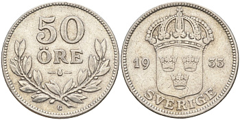 Швеция 50 эре 1933 G, Густав V (1907-1950) KM 788 серебро 4148-841