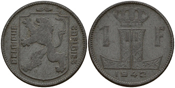 Бельгия 1 франк 1942 Belgique - Belgie, Леопольд III (1934-1947), германская оккупация, Вторая мировая война KM 127 цинк 4161-423