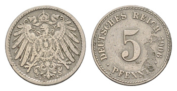 Германия 5 пфеннигов 1906 A, Вильгельм II (1888-1918) KM 11, J. 12 медно-никель 4647-863