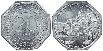 Германия, Нюрнберг - Фюрт 20 пфеннигов ND трамвайный жетон, Пеллер-хаус алюминий UNC 4119-627