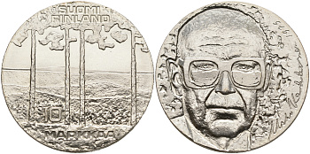 Финляндия 10 марок 1975 S-H, 75 лет президенту Урхо Кекконену KM 54 серебро UNC 4552-1113