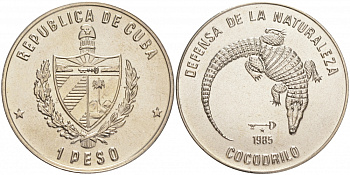 Куба 1 песо 1985 серия природный заповедник, кубинский крокодил KM 181 медно-никель UNC M35-15