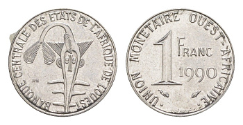 Западная Африка (BCEAO) 1 франк 1990 редкий год KM 8 нержавеющая сталь UNC 4611-161