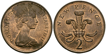 Великобритания 2 пенса 1971 Елизавета II (1952-2022) KM 916, Spink 4235 (C1) бронза 4384-647