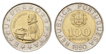 Португалия 100 эскудо 1990 Педру Нуниш (1502-1578), математик KM 645.1 биметалл UNC 4700-1123