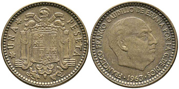 ИСПАНИЯ 1 ПЕСЕТА 1963 (65) ФРАНСИСКО ФРАНКО ДИКТАТОР ИСПАНИИ (1939-1975) KM 775 алюминиевая бронза 110-1142