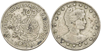 БРАЗИЛИЯ 100 РЕЙС 1901 ГОЛОВА СВОБОДЫ ВПРАВО, РИМСКАЯ НУМЕРАЦИЯ ДАТЫ KM 503 медно-никель 4529-541