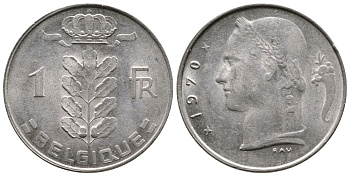 БЕЛЬГИЯ 1 ФРАНК 1970 BELGIQUE KM 142.1 медно-никель 4382-933