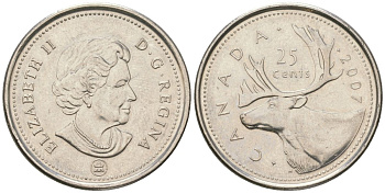 Канада 25 центов 2007 Елизавета II (1952-2022), олень KM 184 никель aUNC 4616-812