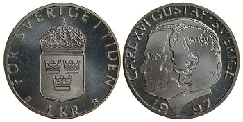 Швеция 1 крона 1997 Карл XVI Густав (1973- ) KM 852a медно-никель UNC 4179-1247