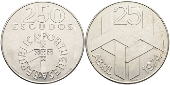 Португалия 250 эскудо 1976 Революция гвоздик 25 апреля 1974 года KM 604 серебро UNC 4558-334