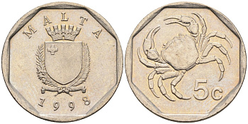 Мальта 5 центов 1995 краб KM 95 медно-никель 4588-137
