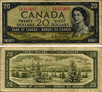 КАНАДА 20 ДОЛЛАРОВ 1961-1970 ЕЛИЗАВЕТА II, ПОДПИСЬ BEATTIE-RASMINSKY, CBNC Pick 80b бумага 000-00-00