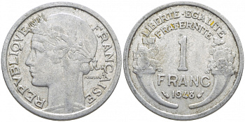 ФРАНЦИЯ 1 ФРАНК 1948 ТИП MORLON, LEGERE KM 885a.1, LE FRANC 221.13 алюминий 3856-444