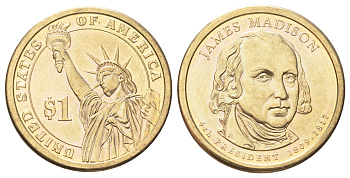 США 1 доллар 2007 Президент США - Джеймс Мэдисон (1809-1817) KM 404 медь с марганцево-латунным покрытием UNC 4666-942