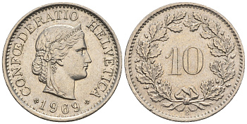 Швейцария 10 раппенов 1969 B KM 27 медно-никель 4609-1019