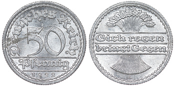 Германия 50 пфеннигов 1922 A KM 27, J. 301 алюминий aUNC 4114-945