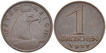 АВСТРИЯ 1 ГРОШ 1927 ДОВОЕННАЯ ДЕСЯТИЧНАЯ ЧЕКАНКА KM 2836 бронза 201-154
