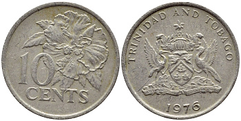 Тринидад и Тобаго 10 центов 1976 цветок гибискуса KM 31 медно-никель 4396-849